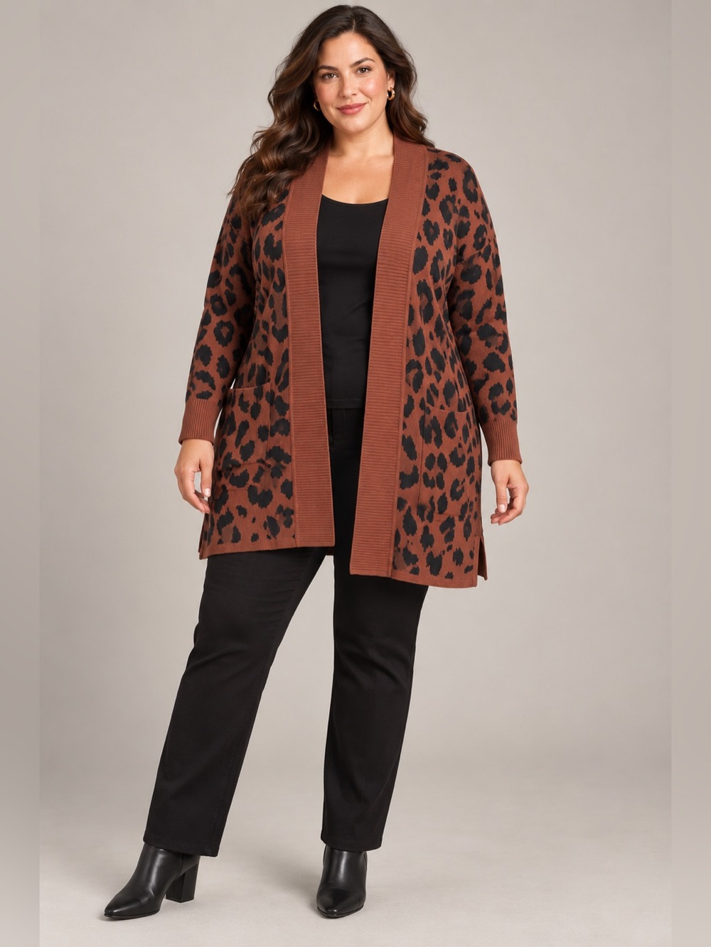Isaac Mizrahi Live Leopard Cardigan 2X Brown Black Longline Open Front Pockets